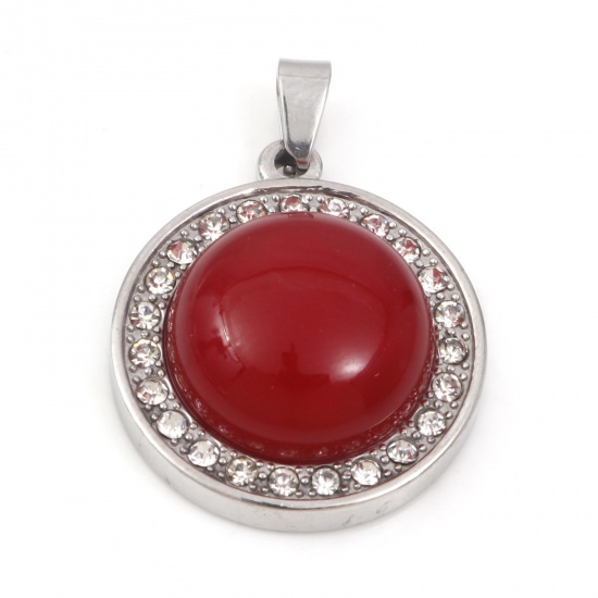 Picture of 304 Stainless Steel & Carnelian Charms Silver Tone Red Round Clear Rhinestone 30mm x 21.5mm, 1 Piece