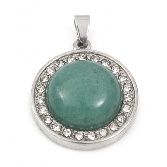 Picture of 304 Stainless Steel & Aventurine Charms Silver Tone Green Round Clear Rhinestone 30mm x 21.5mm, 1 Piece