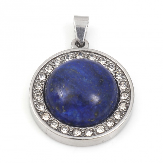 Picture of 304 Stainless Steel & Lapis Lazuli Charms Silver Tone Dark Blue Round Clear Rhinestone 30mm x 21.5mm, 1 Piece