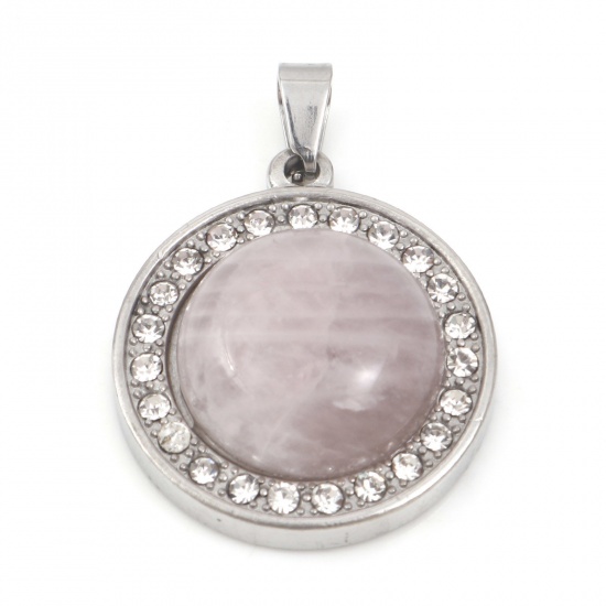 Picture of 304 Stainless Steel & Rose Quartz Charms Silver Tone Light Pink Round Clear Rhinestone 30mm x 21.5mm, 1 Piece