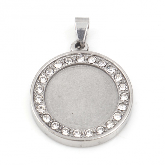 Picture of 304 Stainless Steel Charms Silver Tone Round Clear Rhinestone 30mm x 21.5mm, 1 Piece