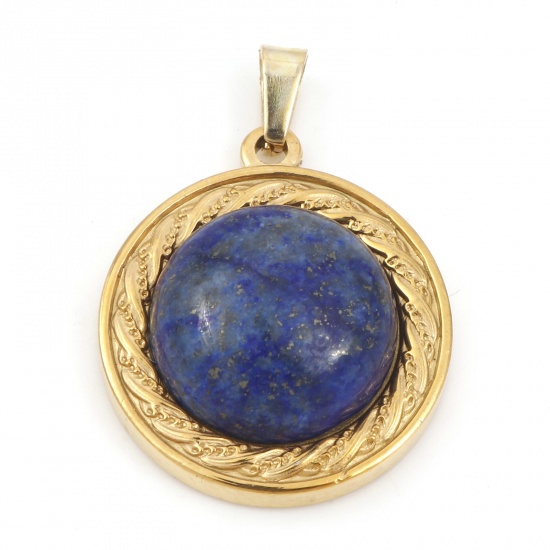 Picture of 304 Stainless Steel & Lapis Lazuli Charms Gold Plated Dark Blue Round 30mm x 21.5mm, 1 Piece