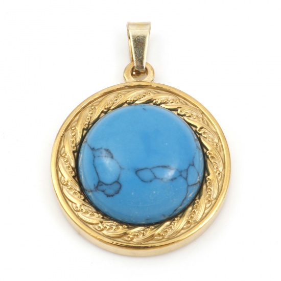 Picture of 304 Stainless Steel & Turquoise Charms Gold Plated Blue Round 30mm x 21.5mm, 1 Piece