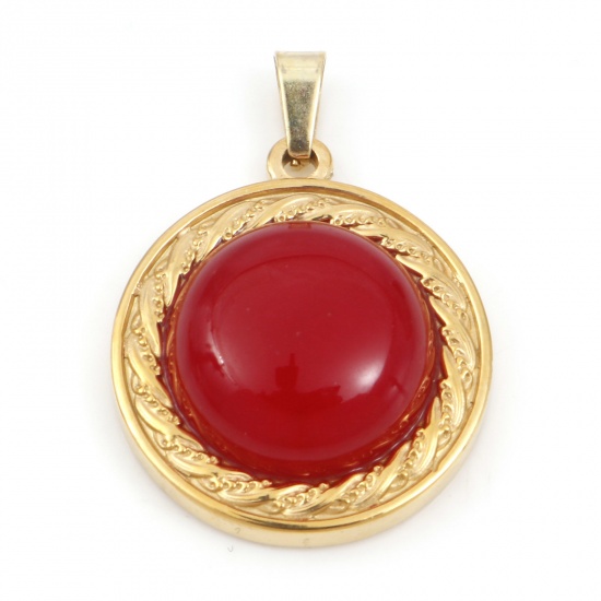 Picture of 304 Stainless Steel & Carnelian Charms Gold Plated Red Round 30mm x 21.5mm, 1 Piece
