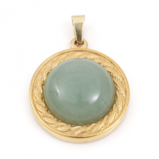 Picture of 304 Stainless Steel & Aventurine Charms Gold Plated Green Round 30mm x 21.5mm, 1 Piece