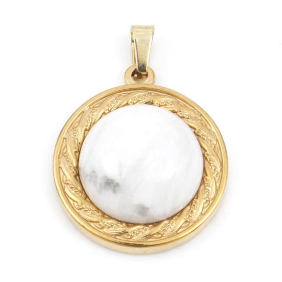 Picture of 304 Stainless Steel & Howlite Charms Gold Plated White Round 30mm x 21.5mm, 1 Piece