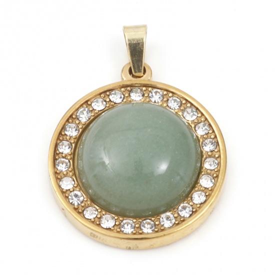 Picture of 304 Stainless Steel & Aventurine Charms Gold Plated Green Round Clear Rhinestone 30mm x 21.5mm, 1 Piece
