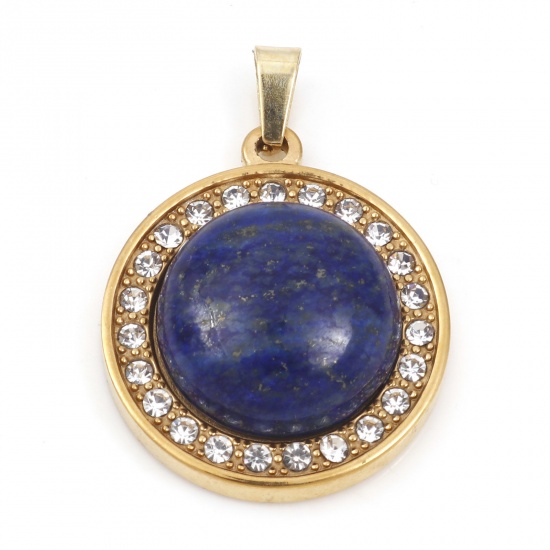 Picture of 304 Stainless Steel & Lapis Lazuli Charms Gold Plated Dark Blue Round Clear Rhinestone 30mm x 21.5mm, 1 Piece