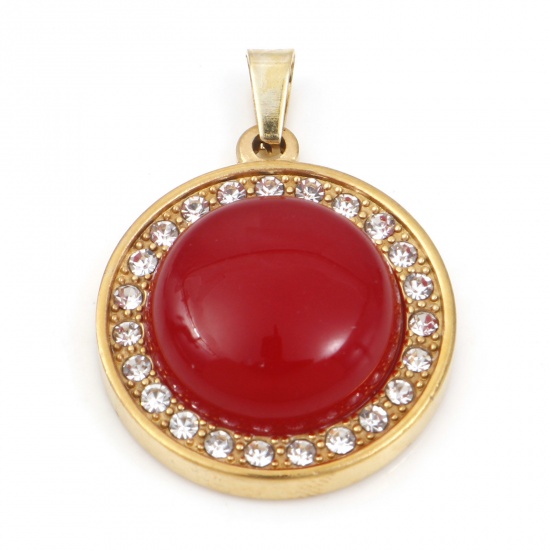 Picture of 304 Stainless Steel & Carnelian Charms Gold Plated Red Round Clear Rhinestone 30mm x 21.5mm, 1 Piece