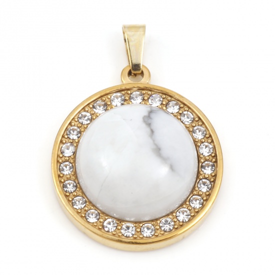 Picture of 304 Stainless Steel & Howlite Charms Gold Plated White Round Clear Rhinestone 30mm x 21.5mm, 1 Piece