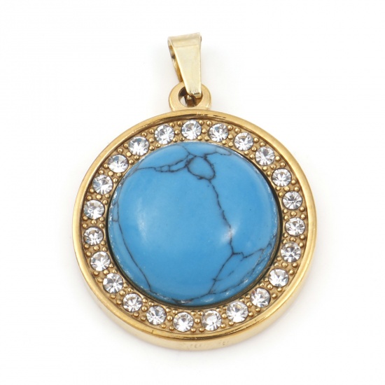 Picture of 304 Stainless Steel & Turquoise Charms Gold Plated Blue Round Clear Rhinestone 30mm x 21.5mm, 1 Piece