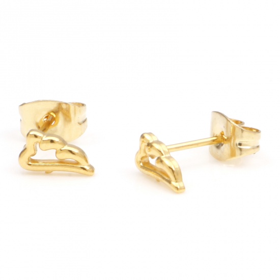 Imagen de 1 Par Enchapado al Vacío 304 Acero Inoxidable Elegante Pendientes Chapado en Oro Ala 7mm x 4mm, Post/ Wire Size: (21 gauge)