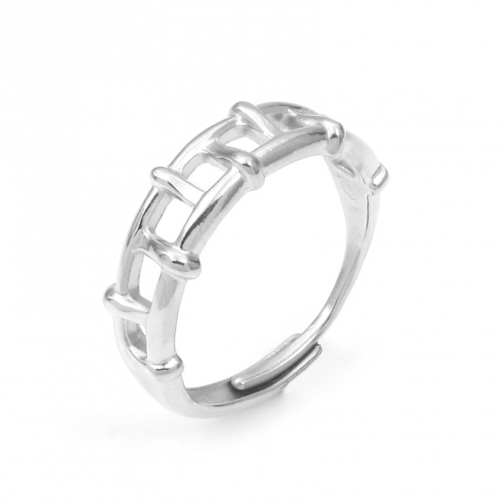 Picture of 304 Stainless Steel Stylish Open Rings Silver Tone Grid Checker 18.5mm(US size 8.5), 1 Piece