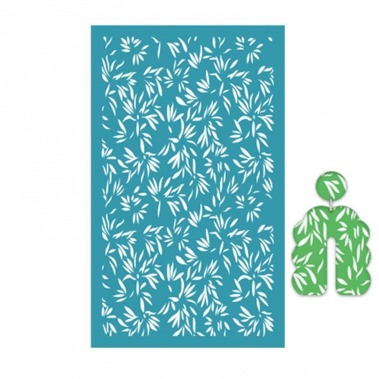 Picture of Polyester Printed Template DIY Tools For Polymer Clay Earring Jewelry Making Green Blue Rectangle Bamboo Leaf Reusable 15cm x 9.1cm, 1 Piece