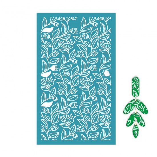 Picture of Polyester Printed Template DIY Tools For Polymer Clay Earring Jewelry Making Green Blue Rectangle Flower Leaves Reusable 15cm x 9.1cm, 1 Piece