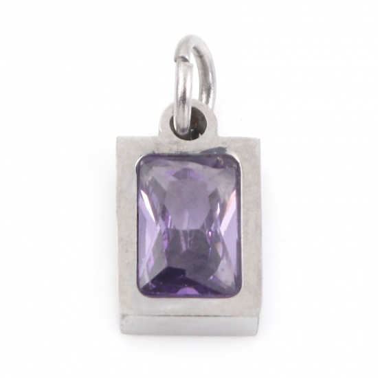 Picture of 304 Stainless Steel Charms Silver Tone Rectangle Purple Cubic Zirconia 13mm x 6mm, 1 Piece