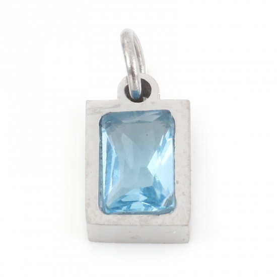 Picture of 304 Stainless Steel Charms Silver Tone Rectangle Skyblue Cubic Zirconia 13mm x 6mm, 1 Piece