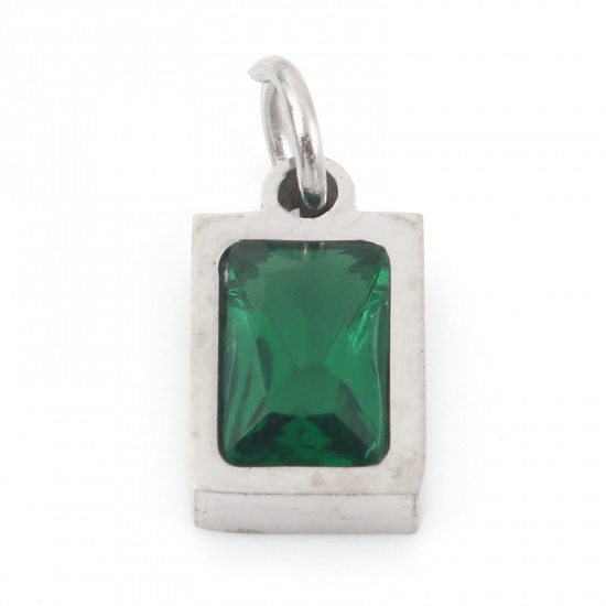Picture of 304 Stainless Steel Charms Silver Tone Rectangle Emerald Cubic Zirconia 13mm x 6mm, 1 Piece
