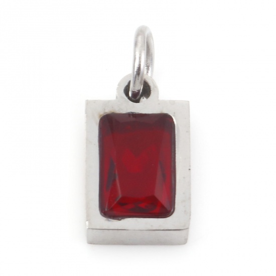 Picture of 304 Stainless Steel Charms Silver Tone Rectangle Red Cubic Zirconia 13mm x 6mm, 1 Piece