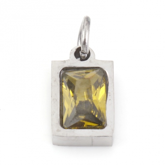 Picture of 304 Stainless Steel Charms Silver Tone Rectangle Olive Green Cubic Zirconia 13mm x 6mm, 1 Piece