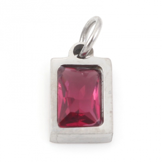 Picture of 304 Stainless Steel Charms Silver Tone Rectangle Fuchsia Cubic Zirconia 13mm x 6mm, 1 Piece