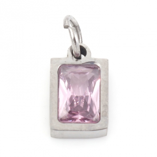 Picture of 304 Stainless Steel Charms Silver Tone Rectangle Light Pink Cubic Zirconia 13mm x 6mm, 1 Piece