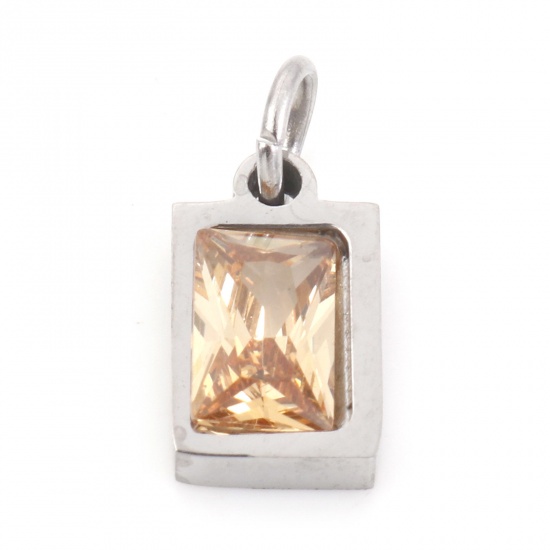 Picture of 304 Stainless Steel Charms Silver Tone Rectangle Champagne Cubic Zirconia 13mm x 6mm, 1 Piece