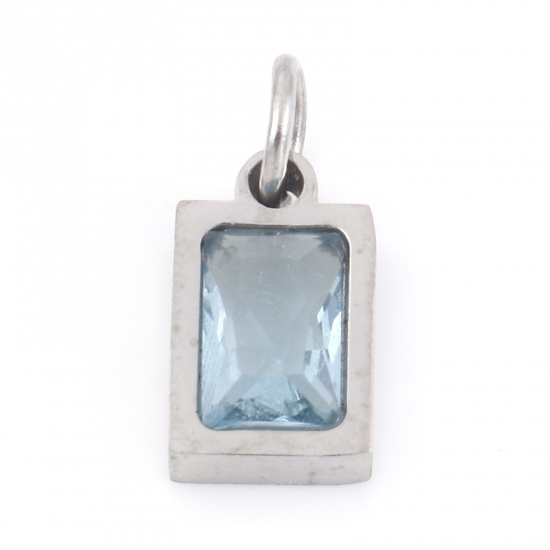 Picture of 304 Stainless Steel Charms Silver Tone Rectangle Light Blue Cubic Zirconia 13mm x 6mm, 1 Piece