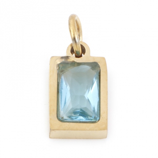Picture of 304 Stainless Steel Charms Gold Plated Rectangle Skyblue Cubic Zirconia 13mm x 6mm, 1 Piece