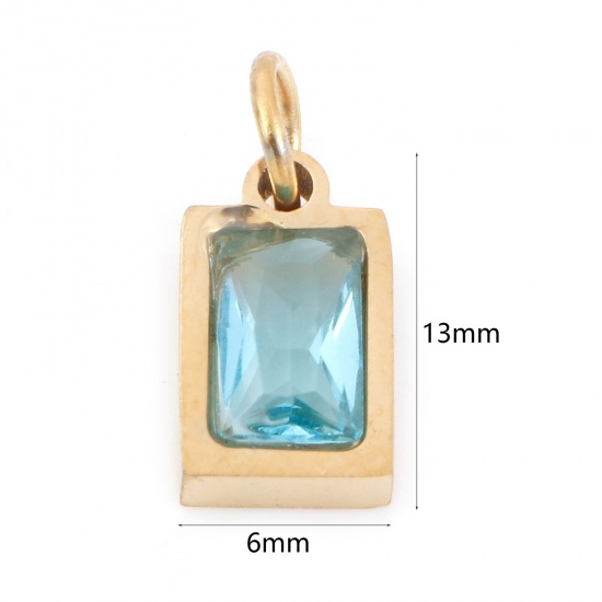 Picture of 1 Piece Vacuum Plating 304 Stainless Steel Charms Gold Plated Rectangle Skyblue Cubic Zirconia 13mm x 6mm