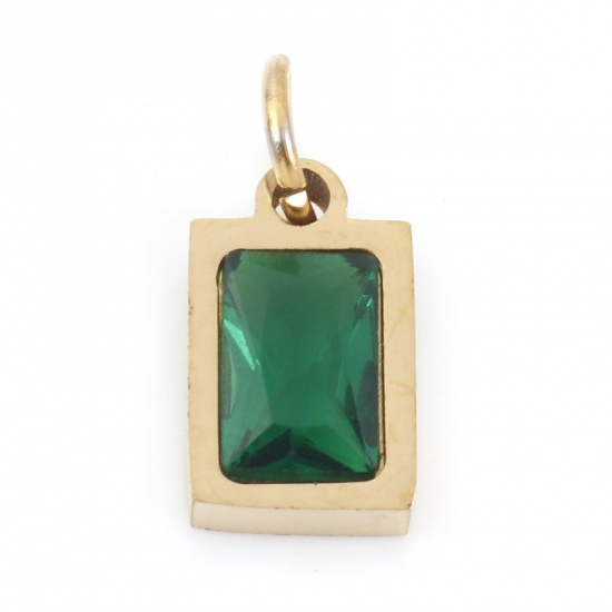 Picture of 304 Stainless Steel Charms Gold Plated Rectangle Emerald Cubic Zirconia 13mm x 6mm, 1 Piece
