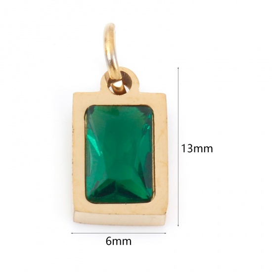 Picture of 1 Piece Vacuum Plating 304 Stainless Steel Charms Gold Plated Rectangle Emerald Cubic Zirconia 13mm x 6mm