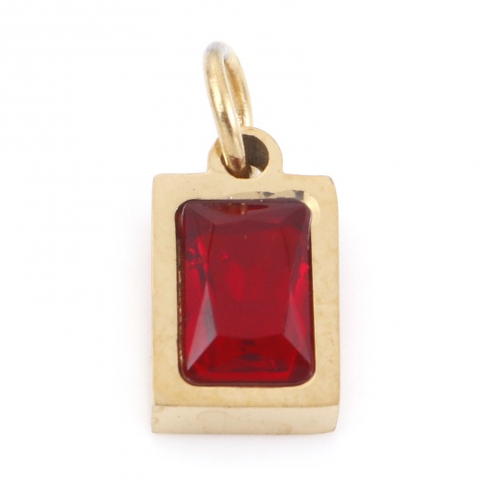 Picture of 304 Stainless Steel Charms Gold Plated Rectangle Red Cubic Zirconia 13mm x 6mm, 1 Piece