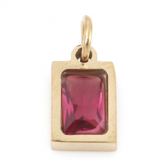 Picture of 304 Stainless Steel Charms Gold Plated Rectangle Fuchsia Cubic Zirconia 13mm x 6mm, 1 Piece