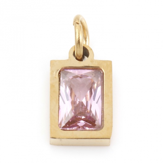 Picture of 304 Stainless Steel Charms Gold Plated Rectangle Light Pink Cubic Zirconia 13mm x 6mm, 1 Piece