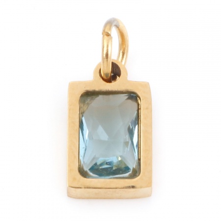 Picture of 1 Piece Eco-friendly PVD Vacuum Plating 304 Stainless Steel Charms Gold Plated Rectangle Light Blue Cubic Zirconia 13mm x 6mm