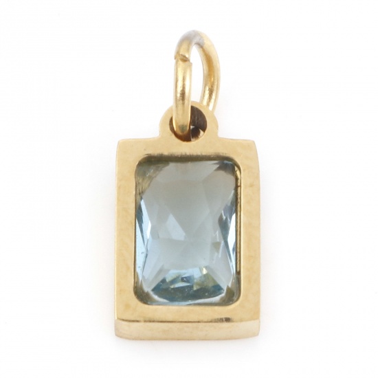 Picture of 304 Stainless Steel Charms Gold Plated Rectangle Light Blue Cubic Zirconia 13mm x 6mm, 1 Piece