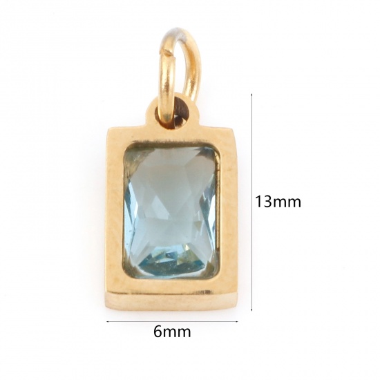 Picture of 1 Piece Vacuum Plating 304 Stainless Steel Charms Gold Plated Rectangle Light Blue Cubic Zirconia 13mm x 6mm