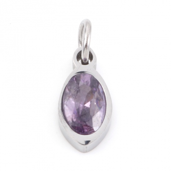Picture of 304 Stainless Steel Charms Silver Tone Marquise Purple Cubic Zirconia 13.5mm x 5mm, 1 Piece