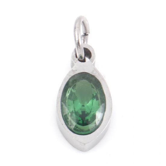 Picture of 304 Stainless Steel Charms Silver Tone Marquise Emerald Cubic Zirconia 13.5mm x 5mm, 1 Piece
