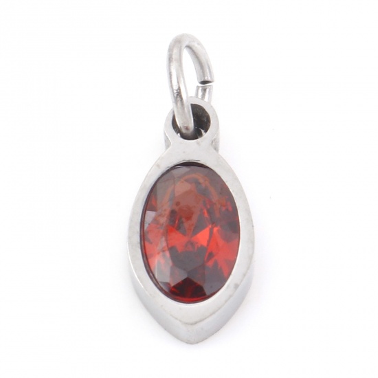 Picture of 304 Stainless Steel Charms Silver Tone Marquise Red Cubic Zirconia 13.5mm x 5mm, 1 Piece