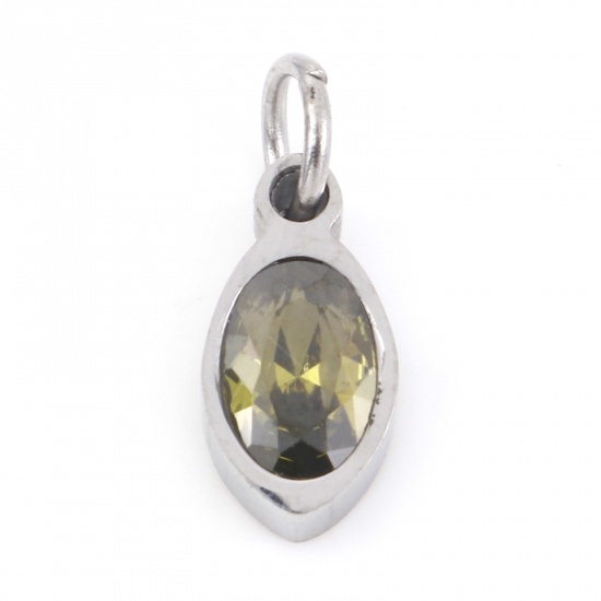 Picture of 304 Stainless Steel Charms Silver Tone Marquise Olive Green Cubic Zirconia 13.5mm x 5mm, 1 Piece