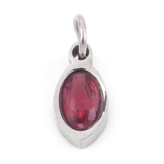 Picture of 304 Stainless Steel Charms Silver Tone Marquise Fuchsia Cubic Zirconia 13.5mm x 5mm, 1 Piece