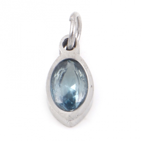 Picture of 304 Stainless Steel Charms Silver Tone Marquise Blue Cubic Zirconia 13.5mm x 5mm, 1 Piece