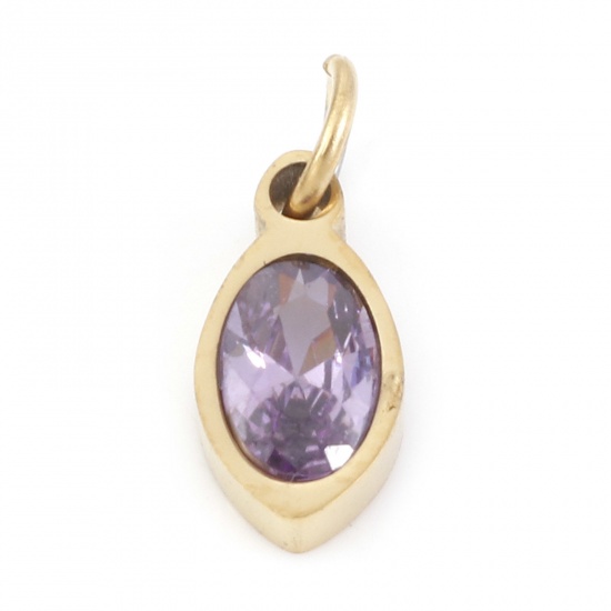 Picture of 304 Stainless Steel Charms Gold Plated Marquise Purple Cubic Zirconia 13.5mm x 5mm, 1 Piece