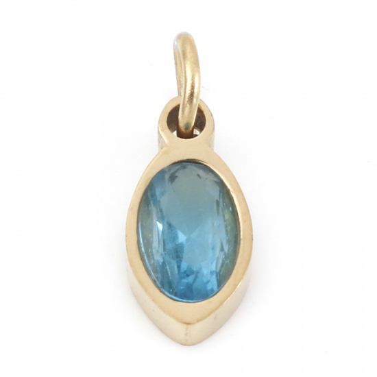 Picture of 304 Stainless Steel Charms Gold Plated Marquise Skyblue Cubic Zirconia 13.5mm x 5mm, 1 Piece