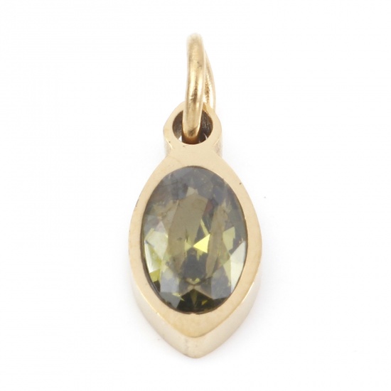 Picture of 304 Stainless Steel Charms Gold Plated Marquise Olive Green Cubic Zirconia 13.5mm x 5mm, 1 Piece