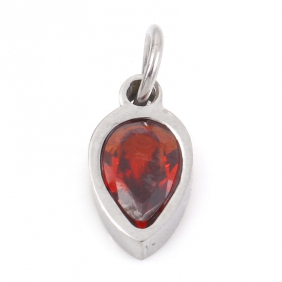 Picture of 304 Stainless Steel Charms Silver Tone Drop Red Brown Cubic Zirconia 13mm x 5.5mm, 1 Piece