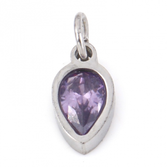 Picture of 304 Stainless Steel Charms Silver Tone Drop Purple Cubic Zirconia 13mm x 5.5mm, 1 Piece