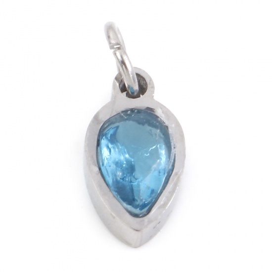 Picture of 304 Stainless Steel Charms Silver Tone Drop Skyblue Cubic Zirconia 13mm x 5.5mm, 1 Piece